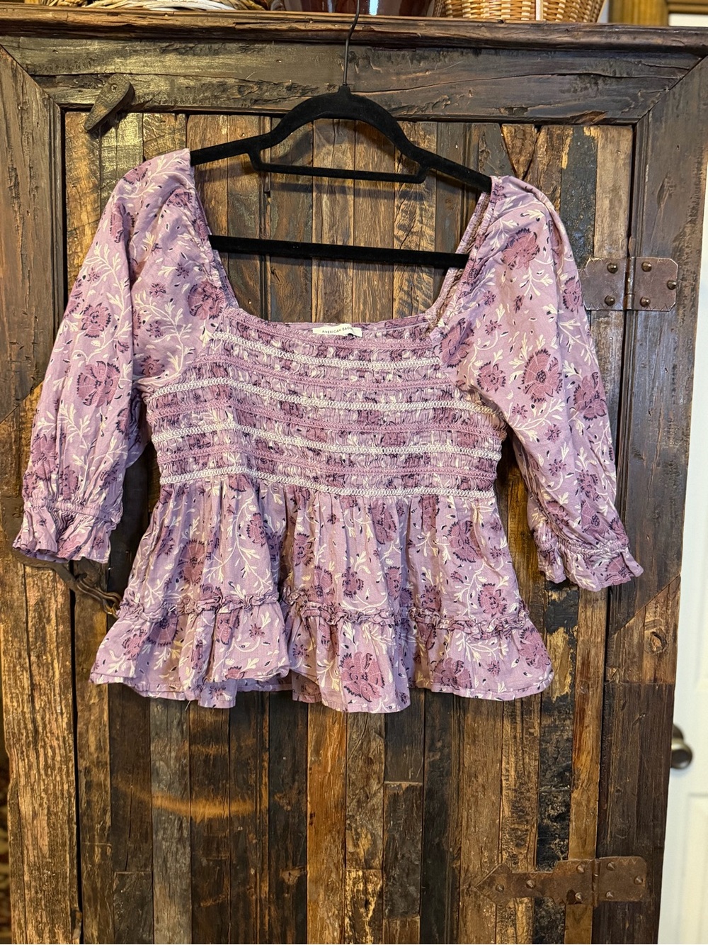 American Eagle Medium Purple Floral Smocked Peplum Blouse Cottagecore Boho
